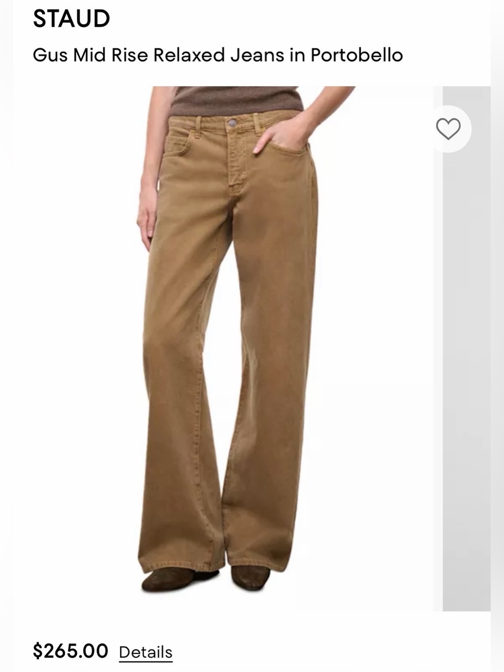 STAUD Wide-Leg Gus Mid-Rise Jeans in Portobello Brown